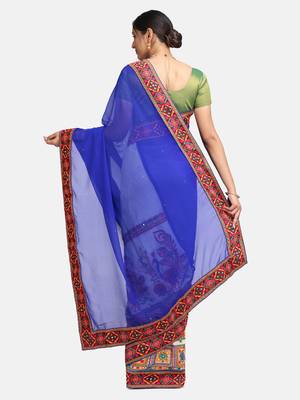 Blue Embroidered Georgette Saree With Blouse 5