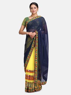 Navy Blue Embroidered Georgette Saree With Blouse 3