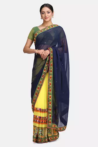 Navy Blue Embroidered Georgette Saree With Blouse
