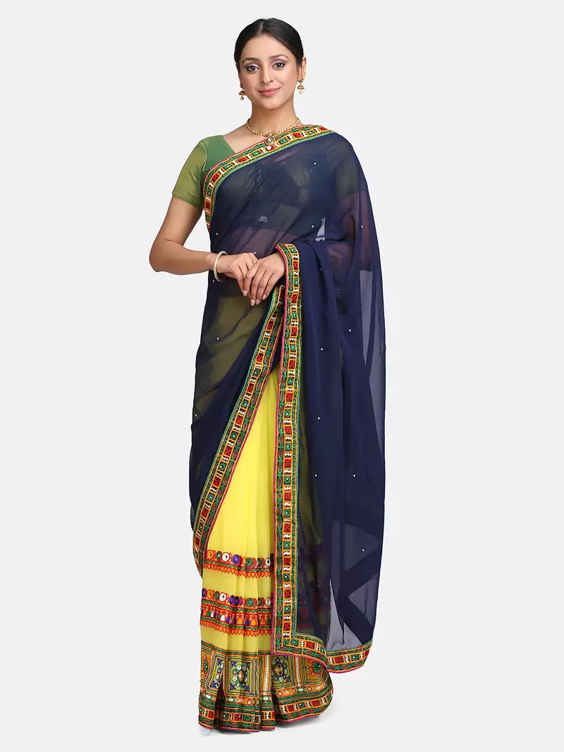Navy Blue Embroidered Georgette Saree With Blouse