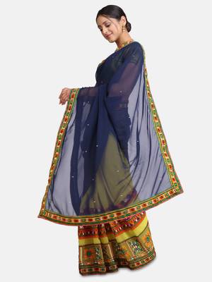 Navy Blue Embroidered Georgette Saree With Blouse 4