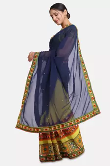 Navy Blue Embroidered Georgette Saree With Blouse