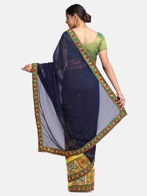 Navy Blue Embroidered Georgette Saree With Blouse 5
