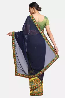 Navy Blue Embroidered Georgette Saree With Blouse