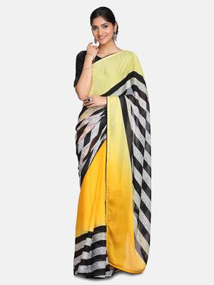 Yellow embroidered Crepe saree with blouse 3