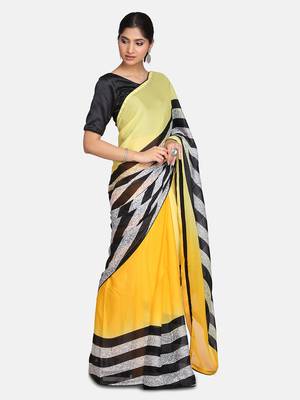 Yellow embroidered Crepe saree with blouse 4