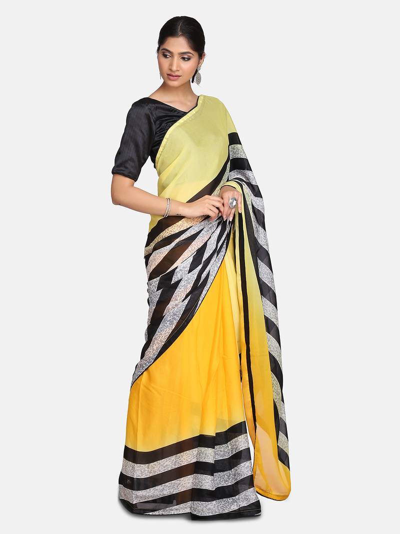 Yellow embroidered Crepe saree with blouse