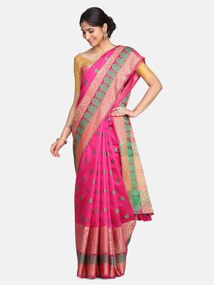 Pink woven banarasi saree with blouse 3