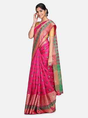 Pink woven banarasi saree with blouse 1