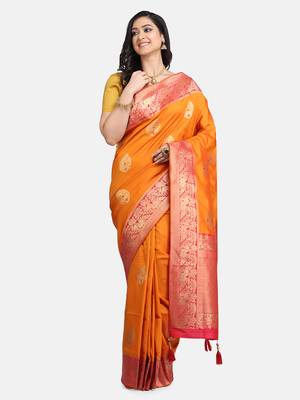 Orange woven silk saree with blouse 1