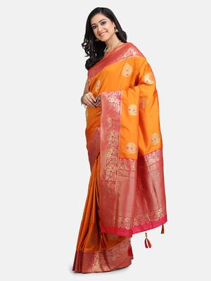 Orange woven silk saree with blouse 3