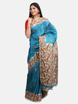 Sky Blue Khadi Digital Printed Traditional Saree 1