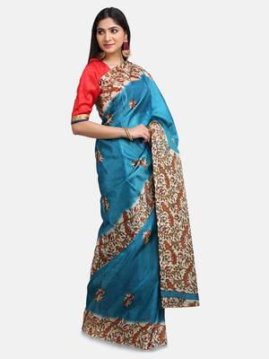 Sky Blue Khadi Digital Printed Traditional Saree 3