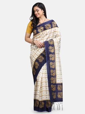 White & Navy Blue Art Silk Printed Saree 1