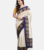 White & Navy Blue Art Silk Printed Saree