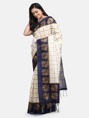 White & Navy Blue Art Silk Printed Saree 3