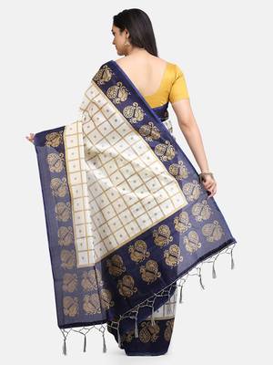 White & Navy Blue Art Silk Printed Saree 4