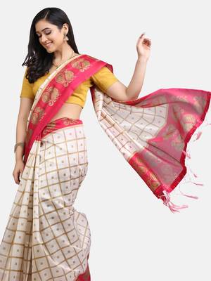 White & Pink Art Silk Printed Saree 3