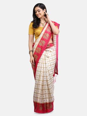 White & Pink Art Silk Printed Saree 1