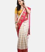White & Pink Art Silk Printed Saree