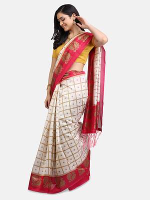 White & Pink Art Silk Printed Saree 4