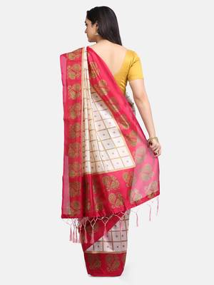 White & Pink Art Silk Printed Saree 5