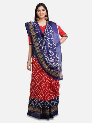 Red printed art silk saree with blouse 1