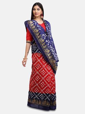 Red printed art silk saree with blouse 4
