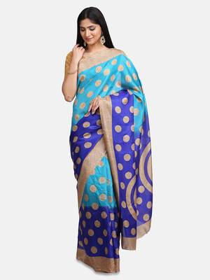 Blue printed art silk saree with blouse 1