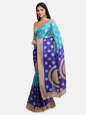 Blue printed art silk saree with blouse 3