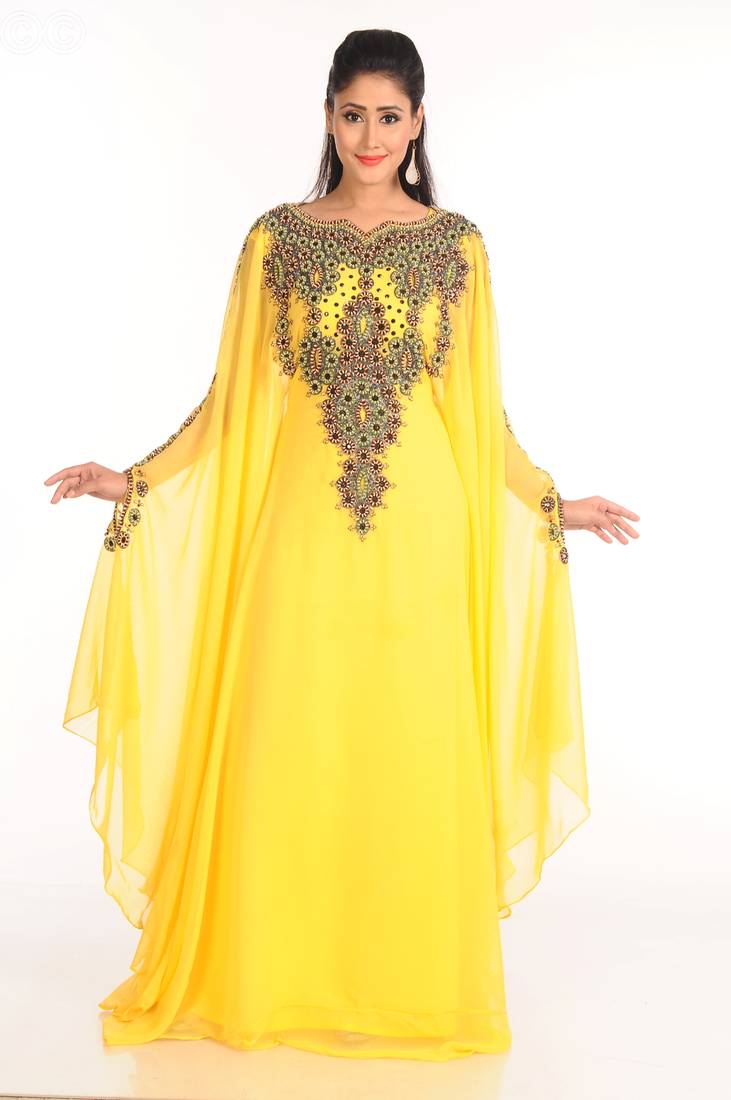 Yellow Georgette Zari Work Partywear Kaftan