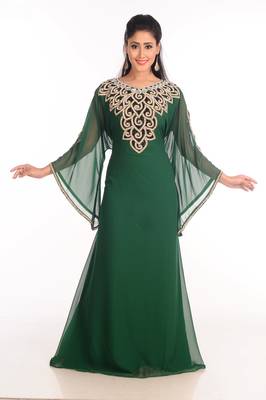 Green Zari Work Stones & Beads Embellish Georgette  Islamic Style Arabian Maxi Partywear Kaftan 2
