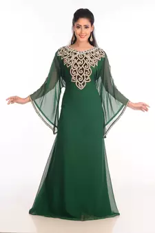 Green Zari Work Stones & Beads Embellish Georgette  Islamic Style Arabian Maxi Partywear Kaftan