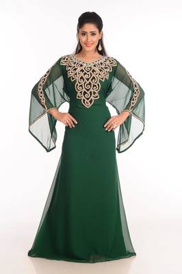 Green Zari Work Stones & Beads Embellish Georgette  Islamic Style Arabian Maxi Partywear Kaftan 3