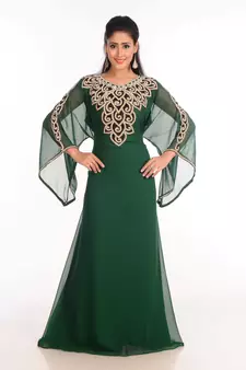 Green Zari Work Stones & Beads Embellish Georgette  Islamic Style Arabian Maxi Partywear Kaftan
