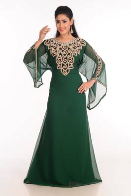 Green Zari Work Stones & Beads Embellish Georgette  Islamic Style Arabian Maxi Partywear Kaftan 4