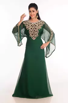 Green Zari Work Stones & Beads Embellish Georgette  Islamic Style Arabian Maxi Partywear Kaftan