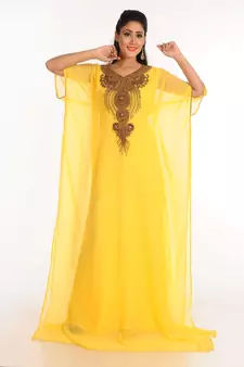 Yellow Zari Work Stones & Beads Embellish Georgette  Islamic Style Arabian Maxi Partywear Kaftan