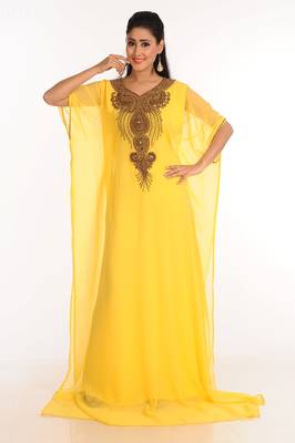 Yellow Zari Work Stones & Beads Embellish Georgette  Islamic Style Arabian Maxi Partywear Kaftan 4