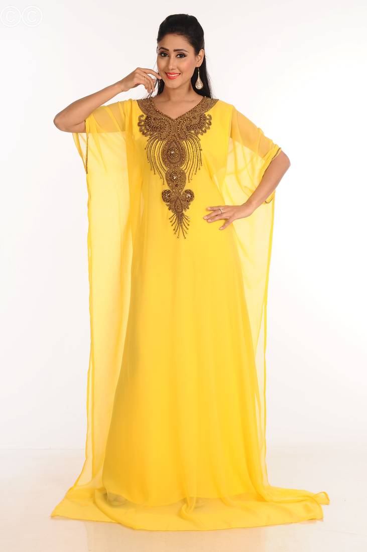 Yellow Zari Work Stones & Beads Embellish Georgette  Islamic Style Arabian Maxi Partywear Kaftan