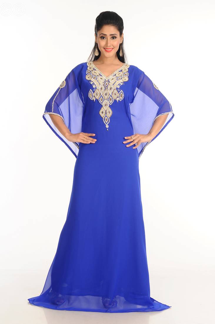 Blue Zari Work Stones & Beads Embellish Georgette  Islamic Style Arabian Maxi Partywear Kaftan