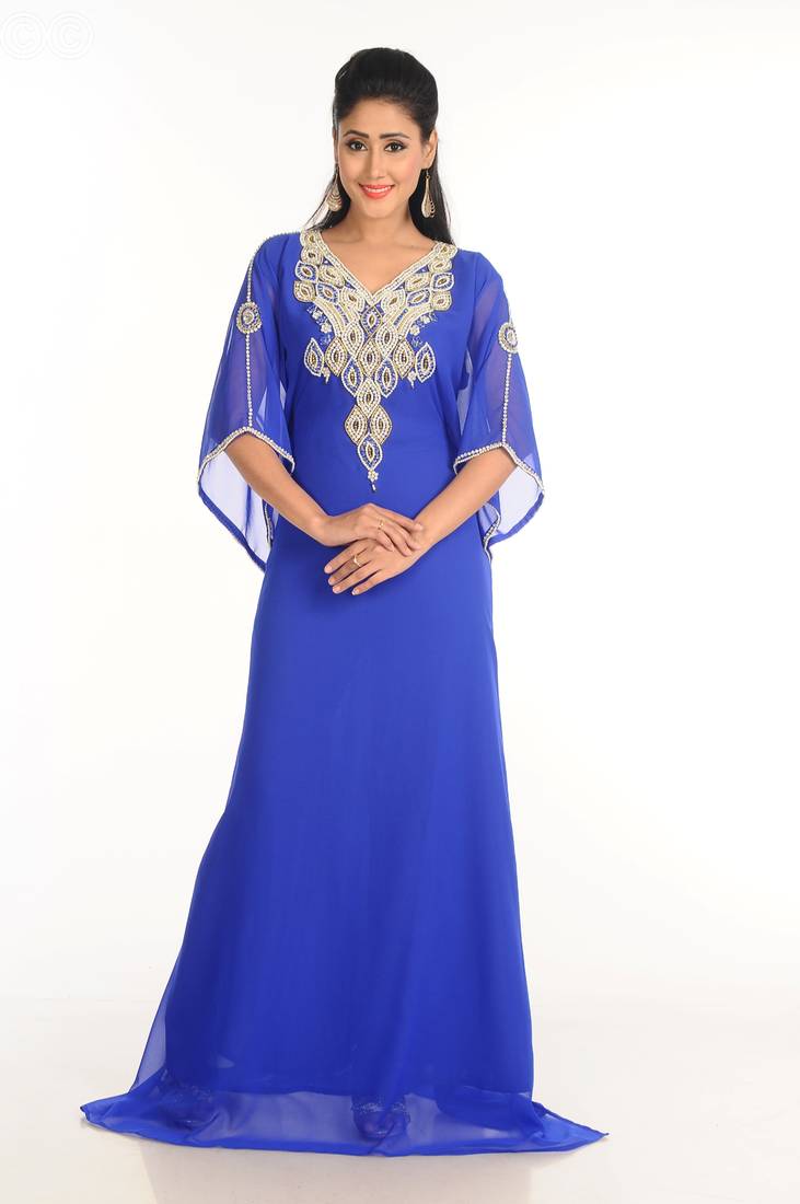 Blue Zari Work Stones & Beads Embellish Georgette  Islamic Style Arabian Maxi Partywear Kaftan