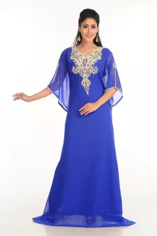 Blue Zari Work Stones & Beads Embellish Georgette  Islamic Style Arabian Maxi Partywear Kaftan