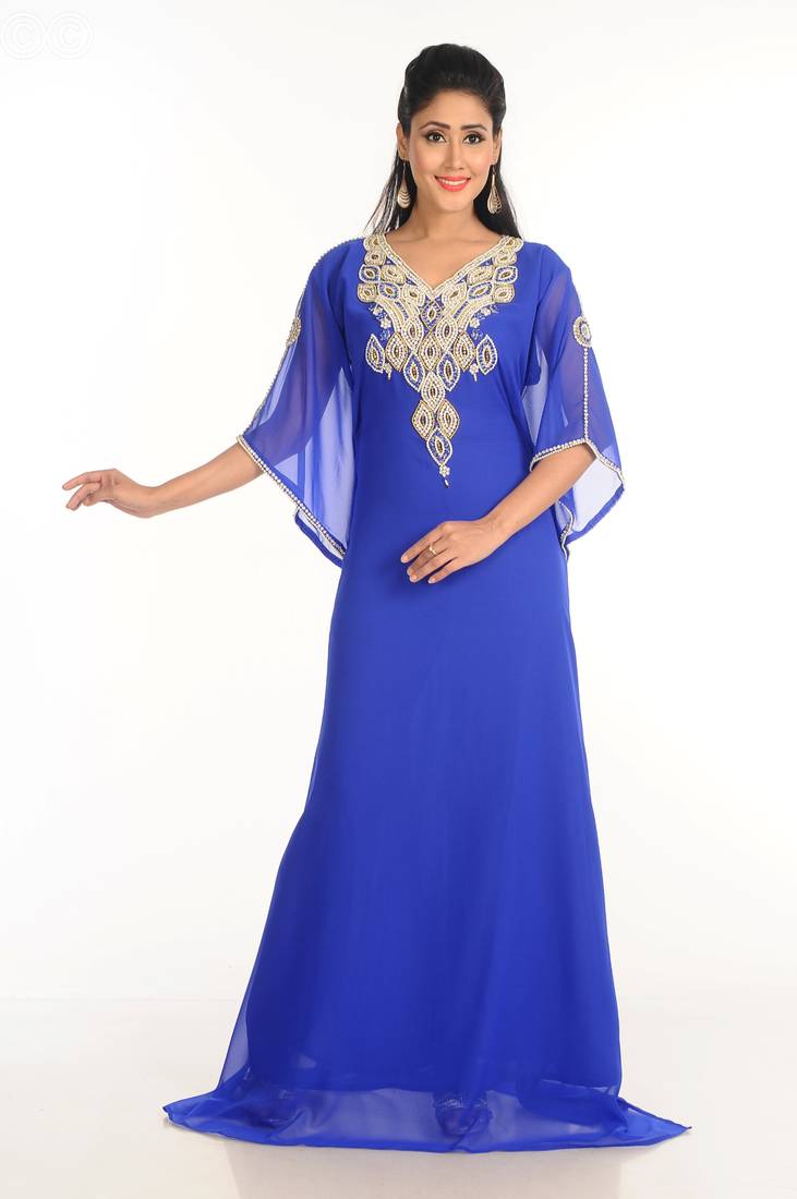 Blue Zari Work Stones & Beads Embellish Georgette  Islamic Style Arabian Maxi Partywear Kaftan