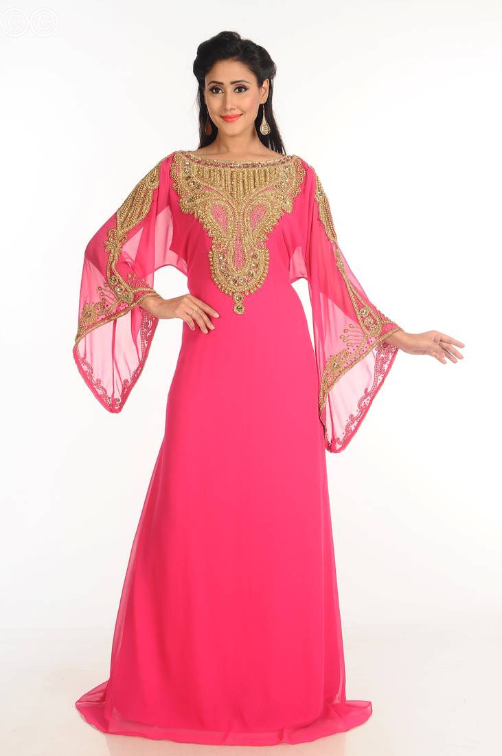 Pink Zari Work Stones & Beads Embellish Georgette  Islamic Style Arabian Maxi Partywear Kaftan