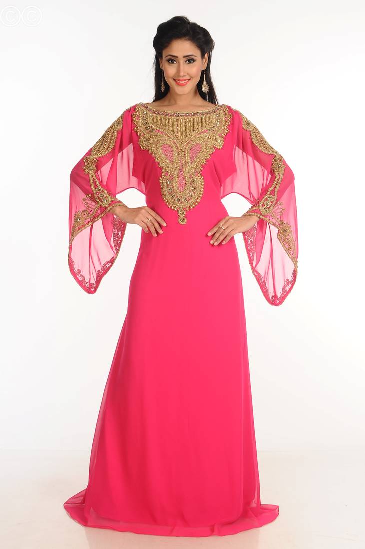 Pink Zari Work Stones & Beads Embellish Georgette  Islamic Style Arabian Maxi Partywear Kaftan