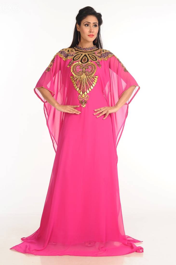 Pink Zari Work Stones & Beads Embellish Georgette  Islamic Style Arabian Maxi Partywear Kaftan