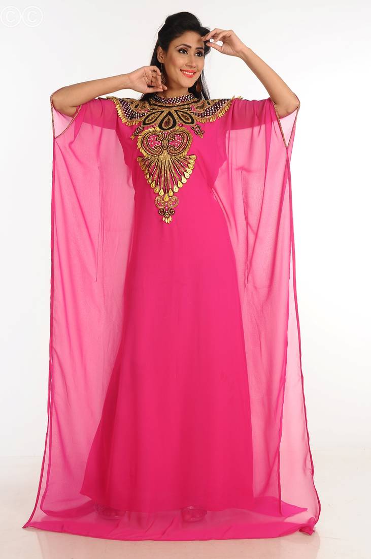 Pink Zari Work Stones & Beads Embellish Georgette  Islamic Style Arabian Maxi Partywear Kaftan