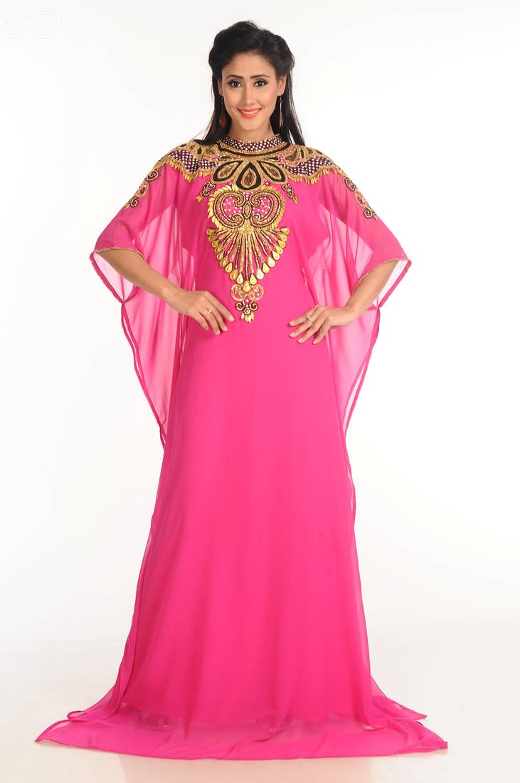 Pink Zari Work Stones & Beads Embellish Georgette  Islamic Style Arabian Maxi Partywear Kaftan