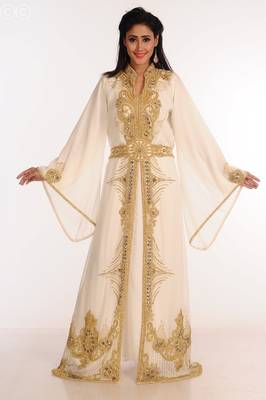 Cream Zari Work Stones & Beads Embellish Georgette  Islamic Style Arabian Maxi Partywear Kaftan 2